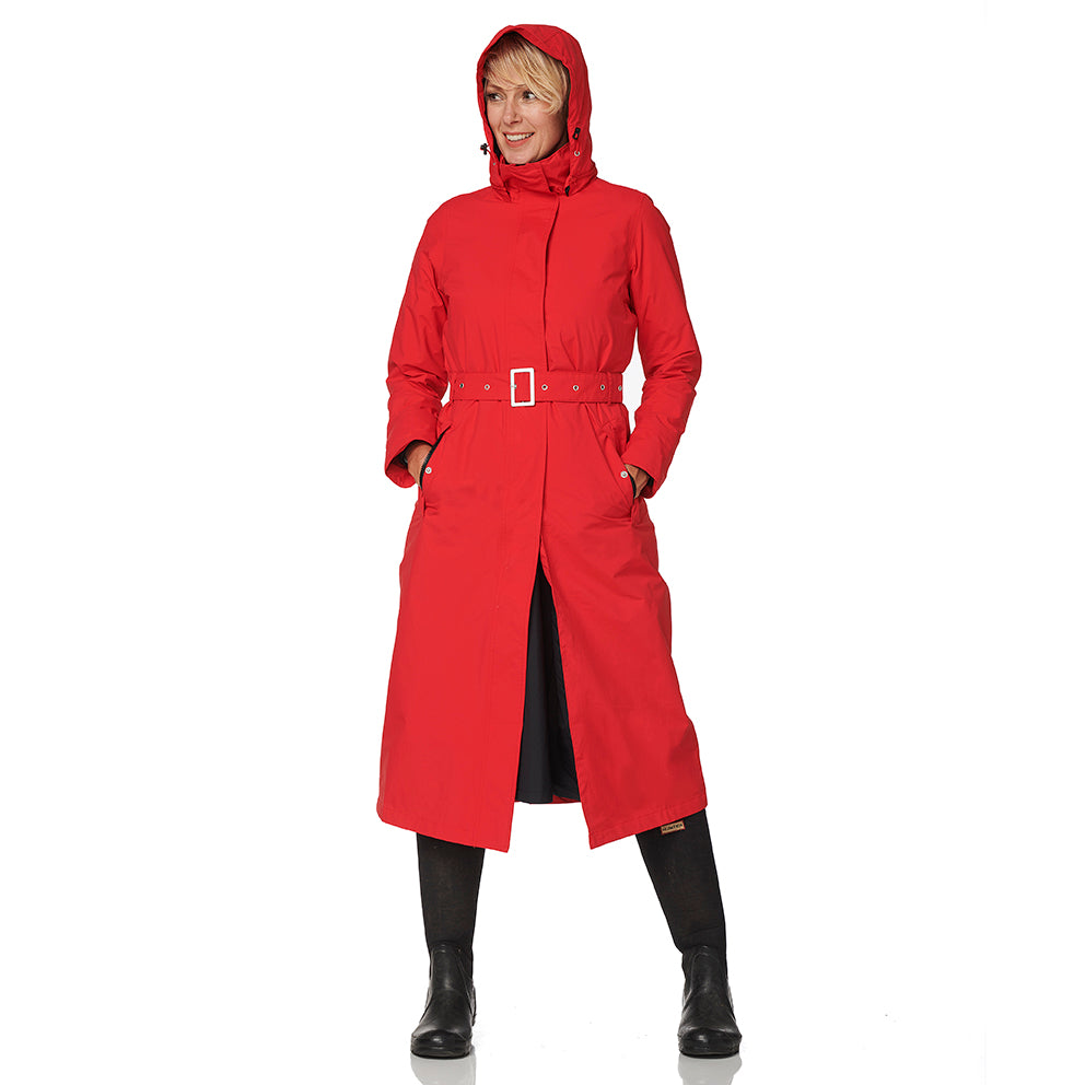 Lange Regenjas Dames Rood Montreal Happy Rainy Days Front Hood